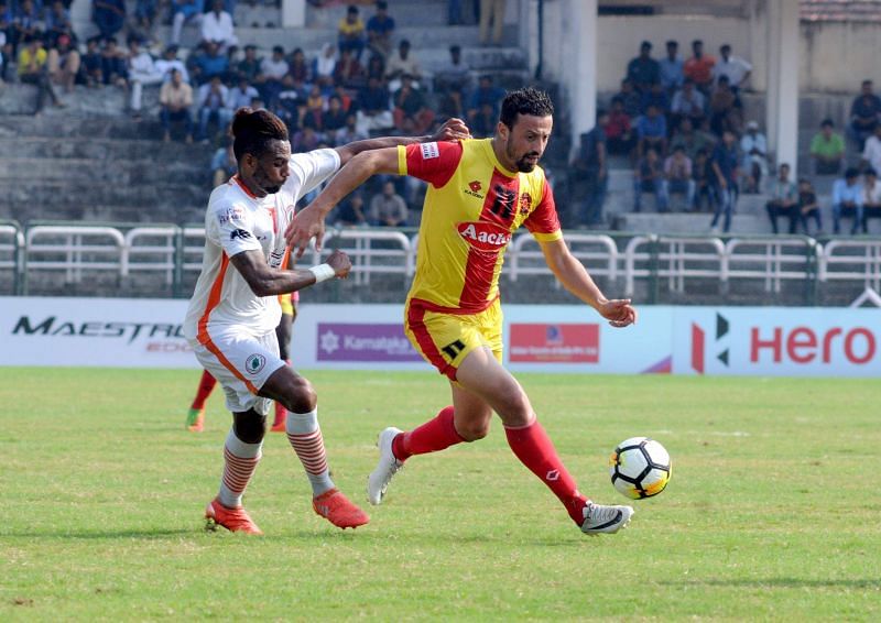Gokulam Kerala FC&#039;s Khaled Al-Saleh tussle against Neroca FC