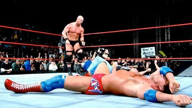 image via thewwehistory.weebly.com Before being aligned with one another Angle&#039;s feud with Stone Cold left the Olympic gold medalist looking up at the lights.