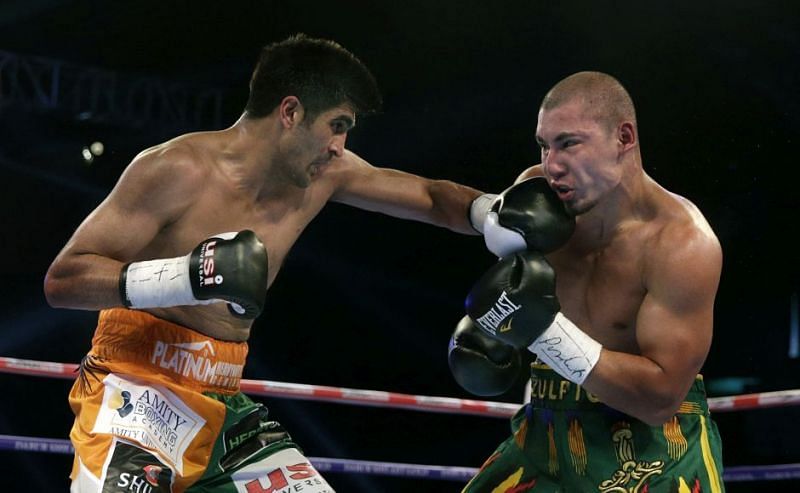 Vijender Singh in action during his WBO Oriental Super Middleweight title victory against Zulpikar Maimaitiali