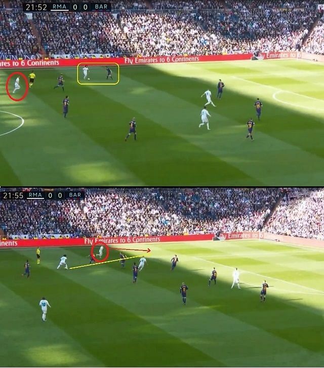 Marcelo drew Roberto to press and released Kroos who ran into the space.