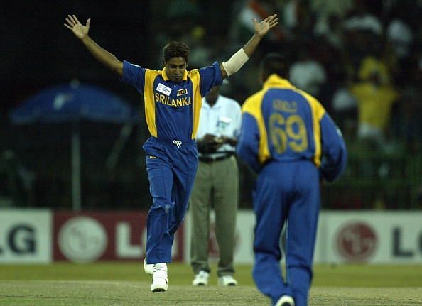 Chaminda Vaas of Sri Lanka celebrates dismissing Dinesh Mongia of India