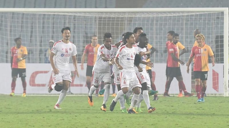 Aizawl FC celebrates after scoring their injury time equaliser  against East Bengal FC