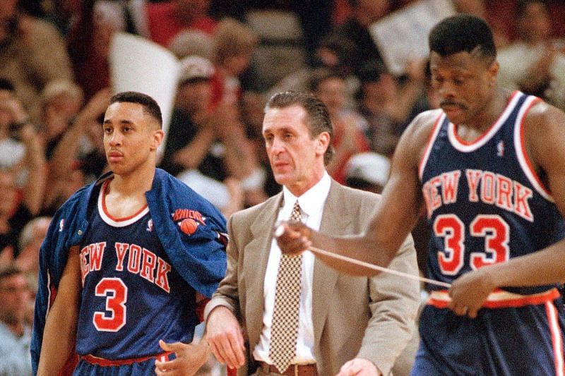 John Starks and Patrick Ewing with head coach Pat Riley (center)