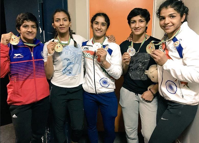 The Indian women freestyle wrestlers at the Commonwealth Wrestling Championships 2017. Image credits: JSW Sports