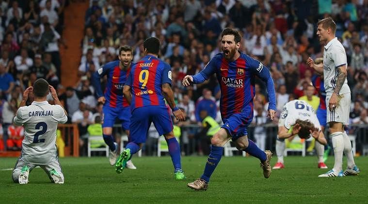 Messi celebrating a goal at the Bernabeu