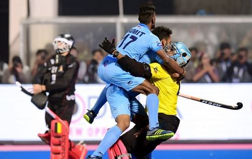 Akash Chikte celebrates with his teammates after saving Arthur van Doren's penalty. (Photo: Twitter)