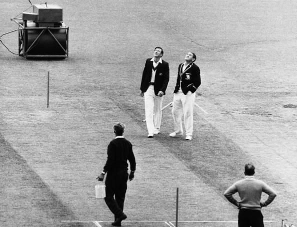 Bill Lawry the Australian Captain (Left) and the England Captain Ray Illingworth (right) toss the coin