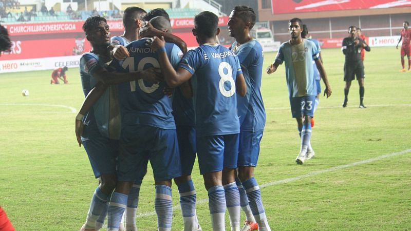 Players of Chennai City FC celebrates after scoring against Churchill Brothers FC