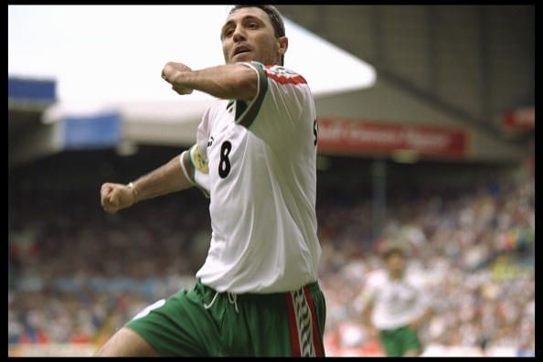 Hristo Stoichkov of Bulgaria celebrates after scoring