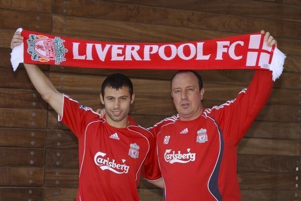 Mascherano (left) with Rafa Benitez. Image courtesy This is Anfield