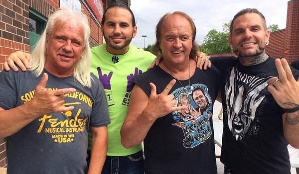 WWE Hall Of Famers, The Rock n&#039; Roll Express, pose with The Hardy Boyz