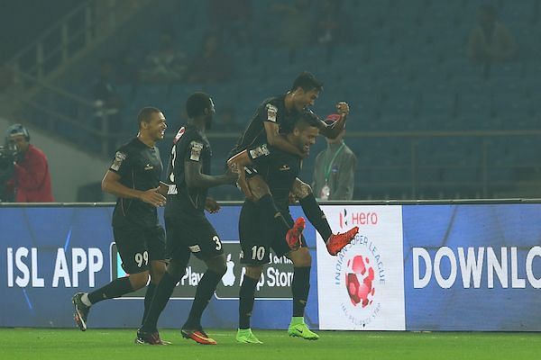 NorthEast United players celebrate their first goal of the season in their third game (Image: ISL)