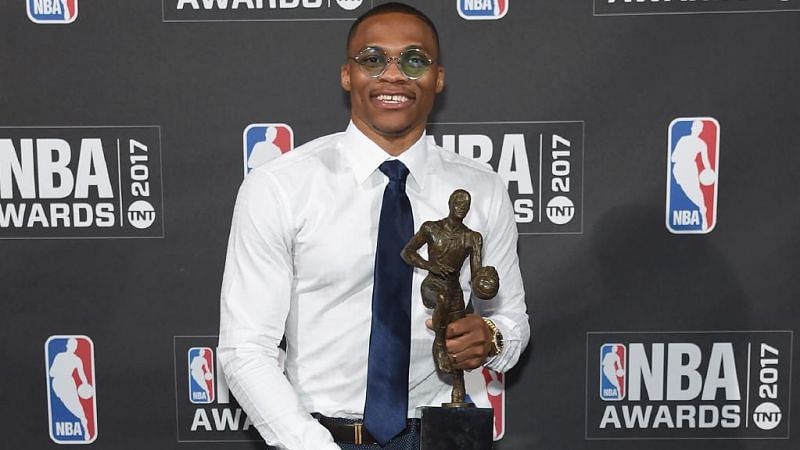 Russell Westbrook posing with the MVP trophy. (Image courtesy: herald.sun.au)