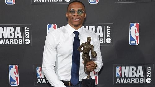 Russell Westbrook posing with the MVP trophy. (Image courtesy: herald.sun.au)