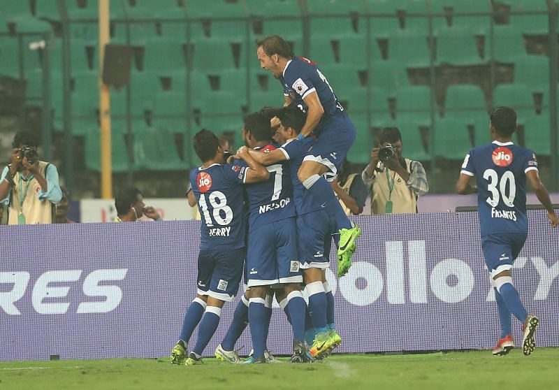 Chennaiyin players celebrating a goal against ATK (Photo: ISL)