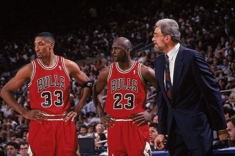 Scottie Pippen and Michael Jordan with their head coach Phil Jackson