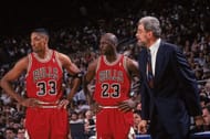 Scottie Pippen and Michael Jordan with their head coach Phil Jackson
