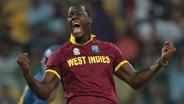 Brathwaite exults after picking up a wicket