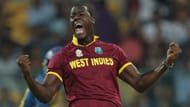 Brathwaite exults after picking up a wicket