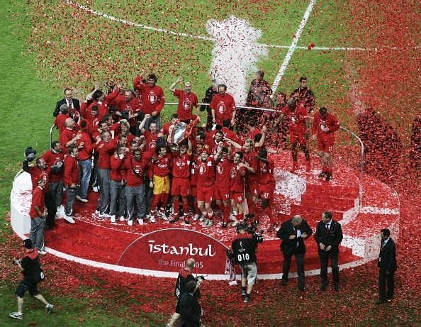 Liverpool playing and non-playing staff celebrating the club&#039;s 2005 Champions League triumph. Image courtesy Sportskeeda