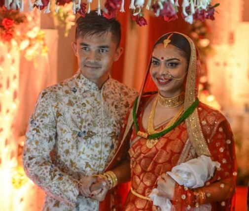 Sunil Chhetri got married to Mohun Bagan legend Subrata Bhattacharya&#039;s daughter Sonam, on Monday. (Photo: Twitter)