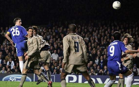 A young John Terry rises above the Barca defence to head in the winner