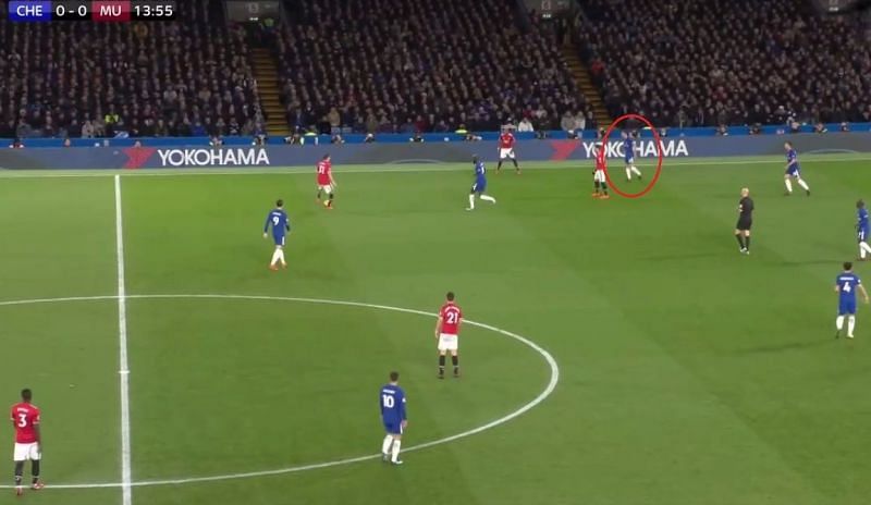 Zappacosta (circled red) comes all the way to mark opponent Left-Back Young.