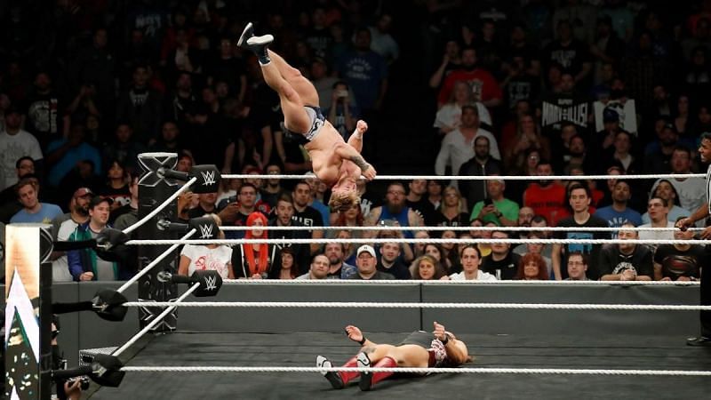 Tyler Bate performs a Top Rope move on Pete Dunne in NXT Takeover: Chicago
