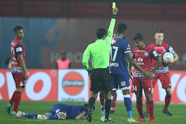 Mehtab even received a yellow card for his troubles (Image: ISL)