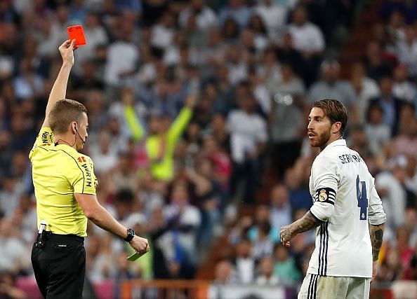 Sergio Ramos being issued one of his 24 career red cards