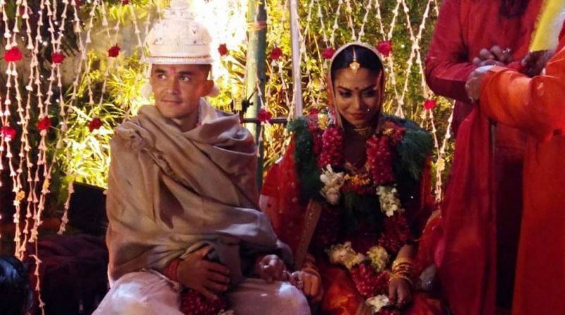 Sunil Chhetri with soon-to-be wife Sonam Bhattacharya, ahead of the wedding ceremony. (Photo: Twitter)