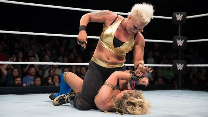 Jazzy Gabert in action against Abbey Laith during the Mae Young Classic