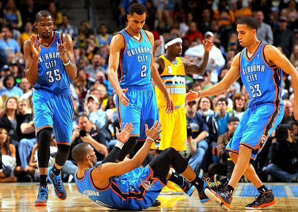 Kevin Martin (#23) in OKC with Kevin Durant (#35) and Russell Westbrook (#0)