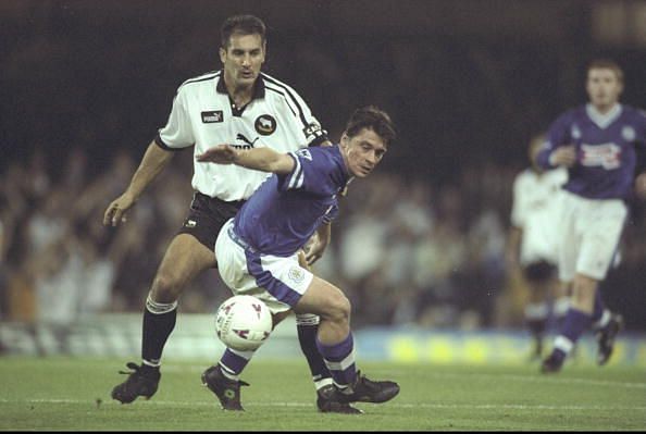 Tony Cottee of Leicester City and Igor Stimac of Derby County