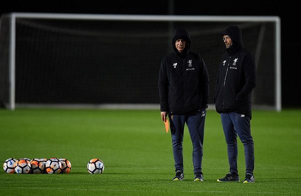 THE SUN OUT, THE SUN ON SUNDAY OUT) Jurgen Klopp manager of Liverpool with Zeljko Buvac first assistant coach during a training session at Melwood Training Ground on January 3, 2018 in Liverpool, England. (Jan. 2, 2018 - Source: John Powell/Liverpool FC) 