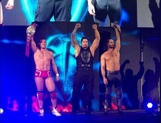 Roman Reigns, Jason Jordan and Seth Rollins faced The Miztourage at the event