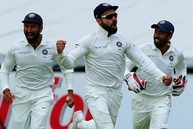 Virat Kohli and his team celebrates a wicket. (Source: BCCI)