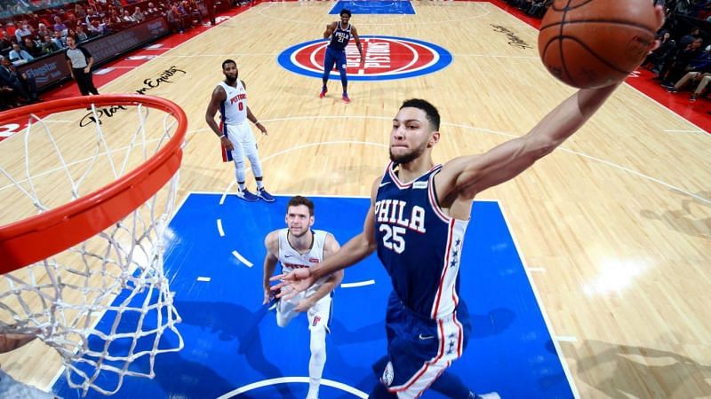 Ben Simmons of the Philadelphia 76 ers dunking against the Detroit Pistons, courtesy NBA.com