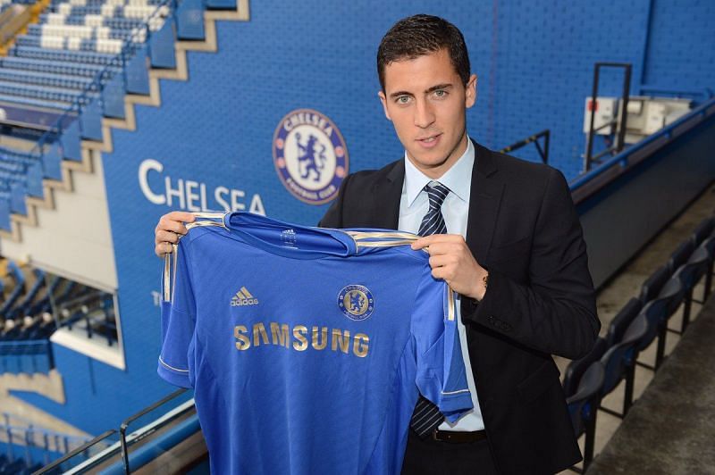 Belgian Eden Hazard finishes a move to Chelsea from Lille for 