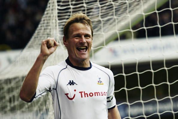 Teddy Sheringham celebrates scoring the opening goal