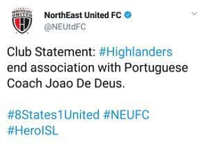 NEUFC's tweet that was taken down.