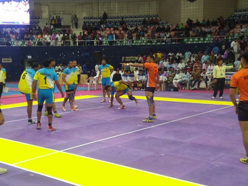 Ajay Thakur claims a point during HP&#039;s thrilling clash against Haryana