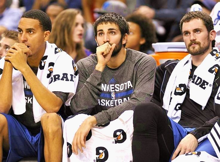 Kevin Martin with Ricky Rubio and Kevin Love during their lone season together in Minnesota [2013-14].