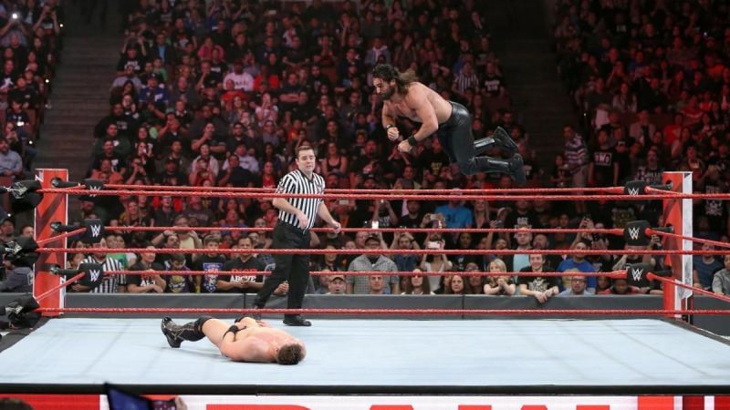 Seth hits Miz with a huge frog splash (wwe.com)