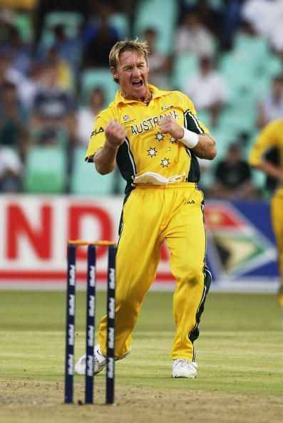 Andy Bichel of Australia celebrates taking the wicket of Peter Ongondo of Kenya