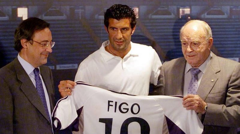 Figo being presented as a Real Madrid player (Pic credit: Reuters)