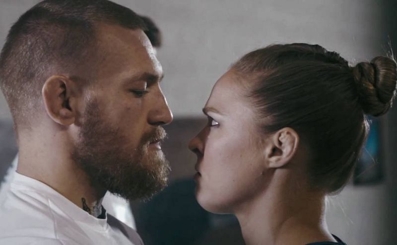 Conor McGregor (Left) faces off against Ronda Rousey (Right) for a Bud Light photo-shoot