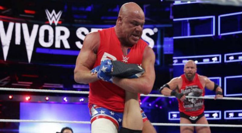 Kurt Angle delivering his patented ankle lock