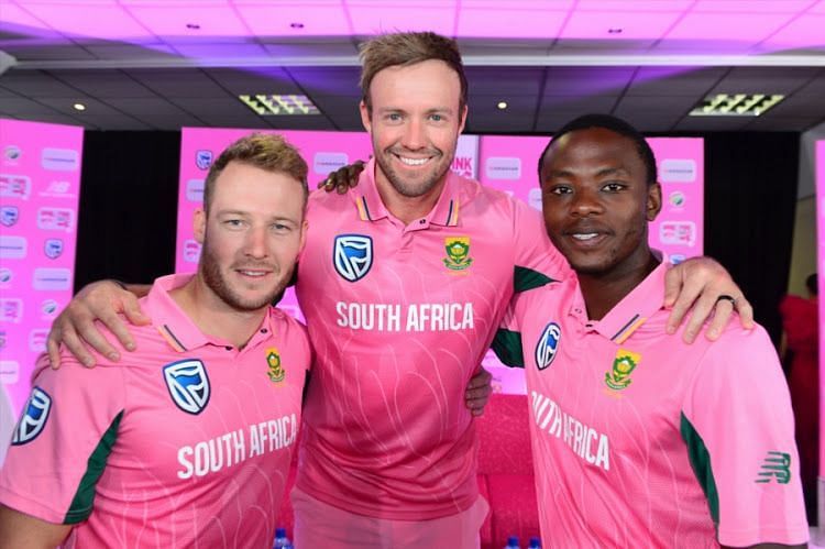 Enter captionDavid Miller, AB de Villiers and Kagiso Rabada during the Momentum ODI Pink Day Launch at Bidvest Wanderers on January 18, 2018 in Johannesburg, South Africa.&nbsp;Image:&nbsp;Lee Warren/Gallo Images