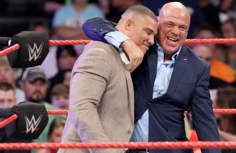 Jason Jordan&#039;s &#039;father&#039; Kurt Angle (Right) has also dealt with serious neck injuries in the past